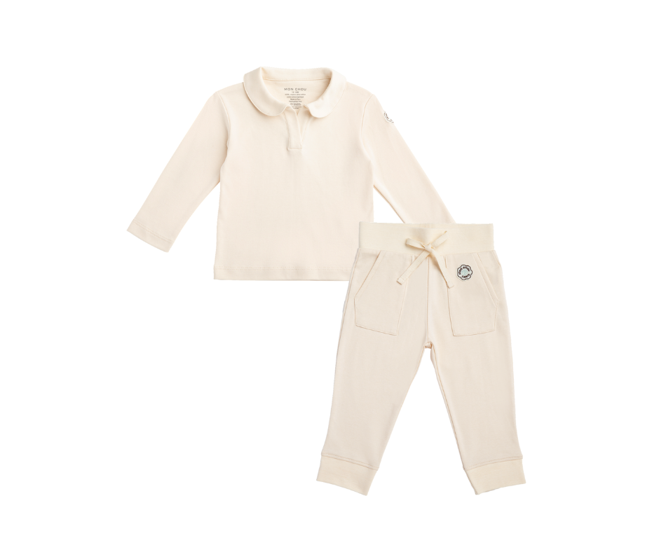 Long Sleeve Polo Shirt & Joggers in Ivory