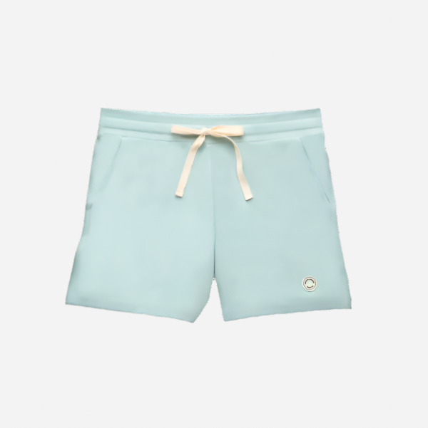 A pair of light green women's shorts with an adjustable waistband and a small logo on the left leg.