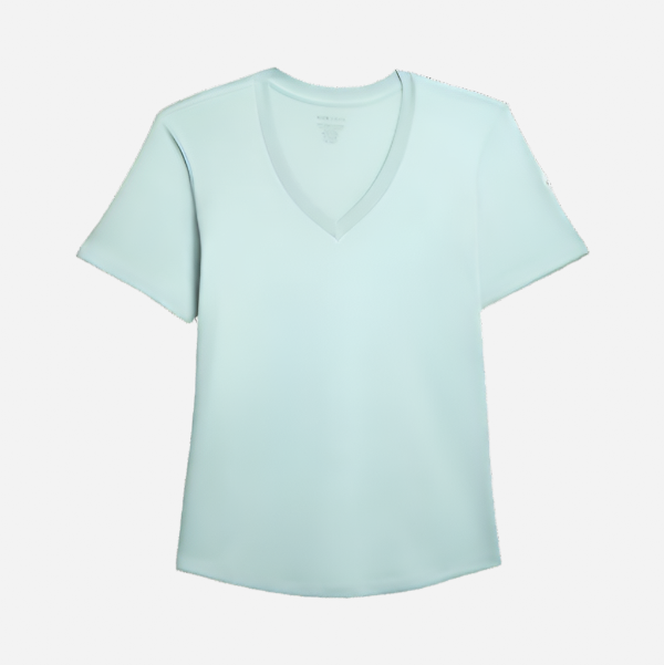 A blue women's T-shirt with a V-neck and short sleeves, made of organic Pima cotton jersey.